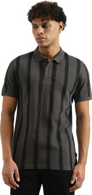 United Colors of Benetton Striped Men Polo Neck Grey T-Shirt