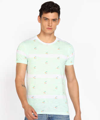 PETER ENGLAND Striped, Printed Men Round Neck Light Green T-Shirt
