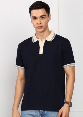 Alan Jones Striped Men Polo Neck Dark Blue T-Shirt