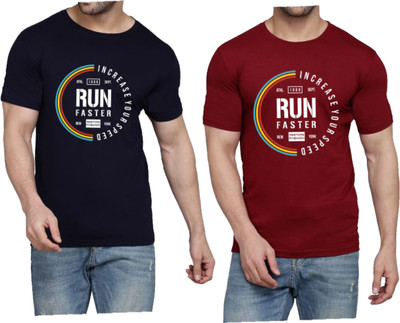 WOOSTRO Printed Men Round Neck Dark Blue, Maroon T-Shirt
