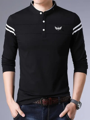 TAZO Striped Men Mandarin Collar Black T-Shirt