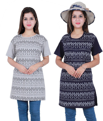 PK Fashion Printed Women Round Neck Dark Blue, Grey T-Shirt