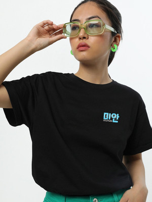 BEWAKOOF Printed Women Round Neck Black T-Shirt