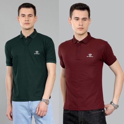 We Perfect Solid Men Polo Neck Green, Maroon T-Shirt