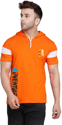 SLOWLORIS Typography Men Hooded Neck Orange T-Shirt