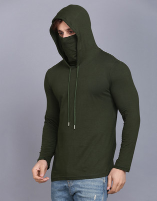 SLOWLORIS Solid Men Hooded Neck Dark Green T-Shirt