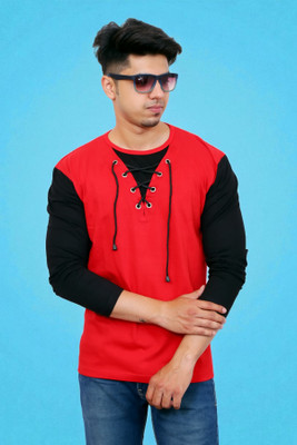 Faricon Trend Colorblock Men Round Neck Red T-Shirt