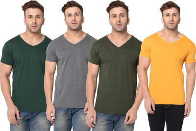 JB Jagoboy Self Design, Solid Men V Neck Dark Green, Grey, Yellow T-Shirt