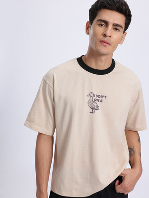Glitchez Printed Men Round Neck Beige T-Shirt