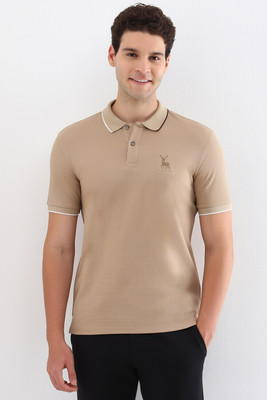 Allen Solly Solid Men Polo Neck Beige T-Shirt
