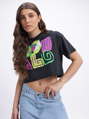 Glitchez Printed Women Round Neck Black T-Shirt
