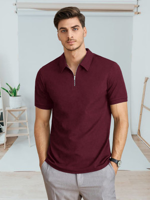 D D FASHION Self Design Men Polo Neck Maroon T-Shirt