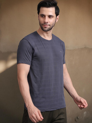 Bamboo Breeze Self Design, Printed Men Round Neck Grey T-Shirt