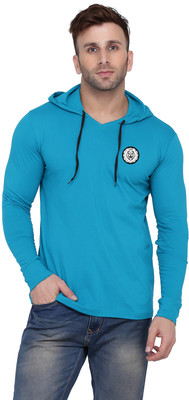 Blisstone Solid Men Hooded Neck Light Blue T-Shirt