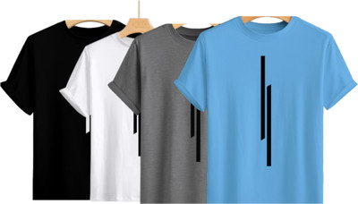 P collection Printed Men Round Neck Black, White, Grey, Light Blue T-Shirt