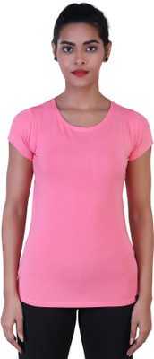 Laasa Sports Solid Women Round Neck Pink T-Shirt