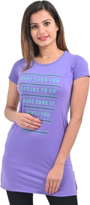 plush Printed Women Round Neck Purple T-Shirt