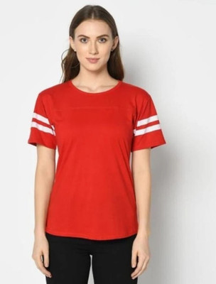 Marvent Dk Women Striped Women Round Neck Red T-Shirt