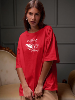 Fluffy Enterprises Printed Women Round Neck Red T-Shirt