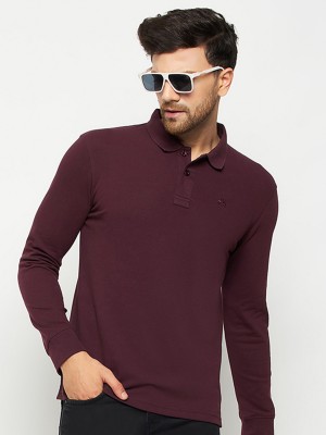 98 Degree North Solid Men Polo Neck Maroon T-Shirt