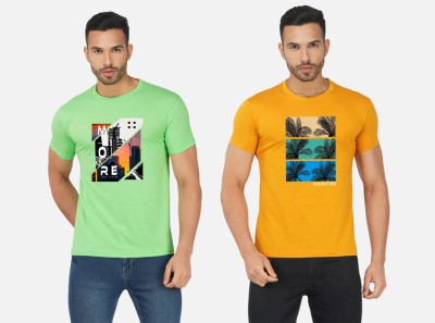 GLOBAL NOMAD Printed Men Round Neck Light Green, Yellow T-Shirt