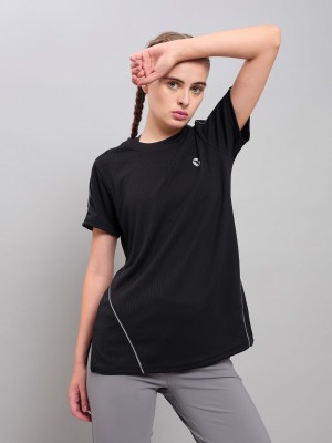 TECHNOSPORT Solid Women Round Neck Black T-Shirt