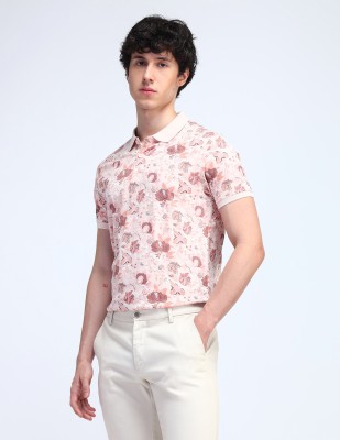 FLYING MACHINE Floral Print Men Polo Neck Pink T-Shirt