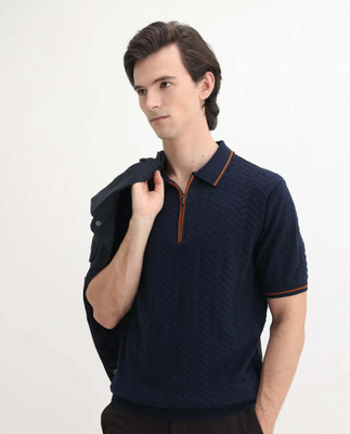 RARE RABBIT Self Design Men Polo Neck Dark Blue T-Shirt