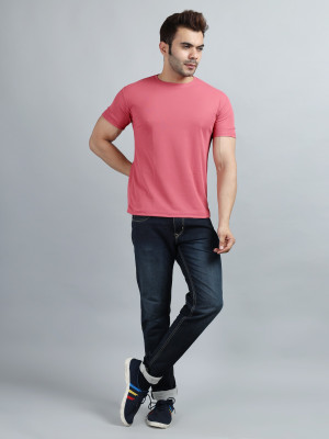 MOON IN Solid Men Round Neck Pink T-Shirt