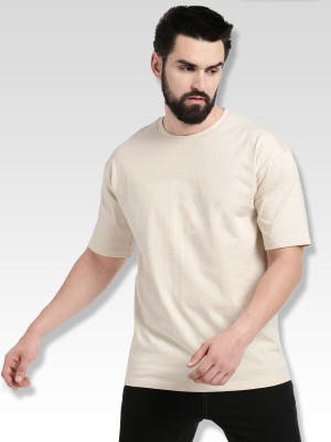 ADRO Solid Men Round Neck Beige T-Shirt