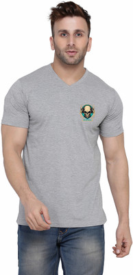 tfurnish Printed Men V Neck Grey T-Shirt