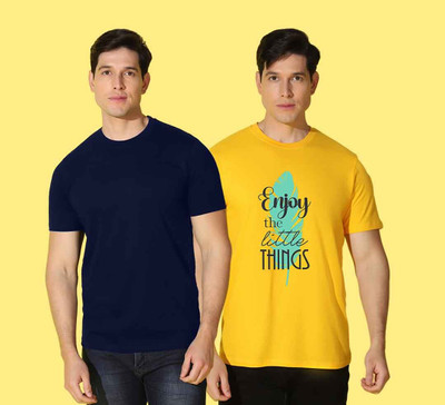 WOOSTRO Printed, Solid Men Round Neck Blue, Yellow T-Shirt