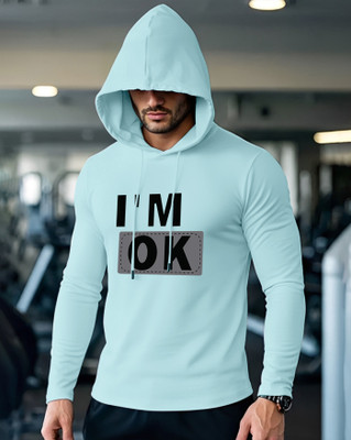 AOOSH Printed Men Hooded Neck Light Blue T-Shirt