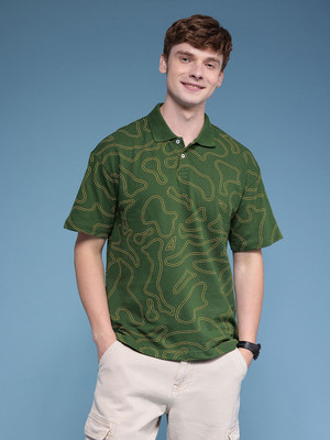 HERE&NOW Printed Men Polo Neck Green T-Shirt