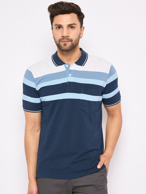 DUKE Striped Men Polo Neck Blue T-Shirt
