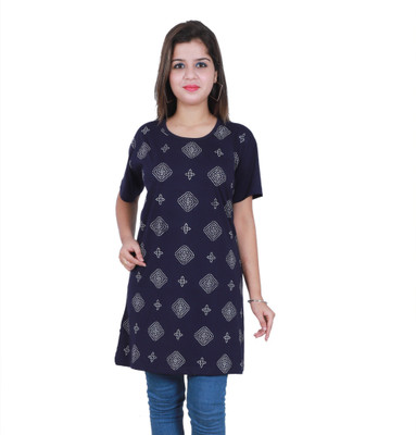 Vastr Printed Women Round Neck Dark Blue T-Shirt
