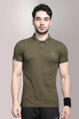 wewok Self Design, Solid, Striped, Sporty Men Polo Neck Dark Green T-Shirt