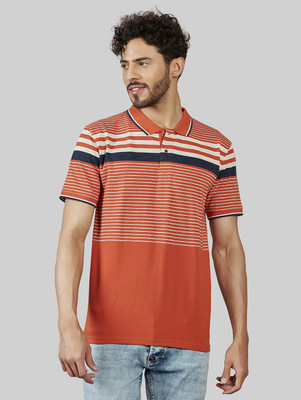 BE POSITIVE Striped Men Polo Neck Orange T-Shirt