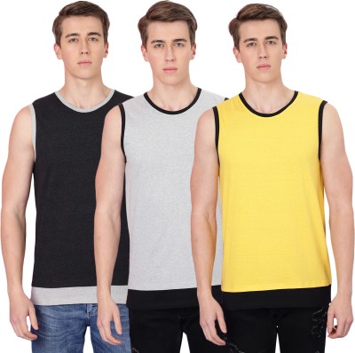 FTX Solid Men Round Neck Black, Grey, Yellow T-Shirt