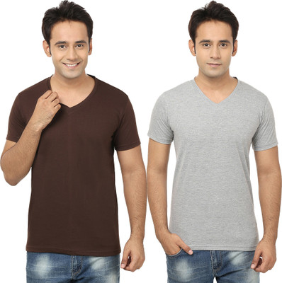 Tresna Trending Self Design, Solid Men V Neck Brown, Grey T-Shirt