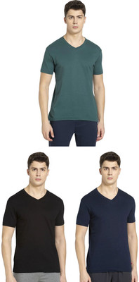 JOCKEY Solid Men V Neck Dark Green, Black, Navy Blue T-Shirt