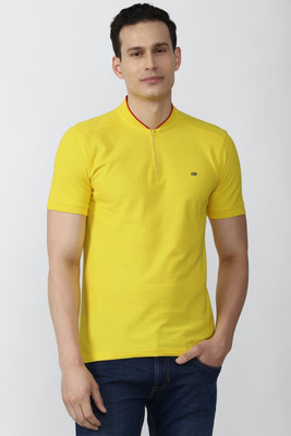PETER ENGLAND Solid Men Stylised Neck Yellow T-Shirt
