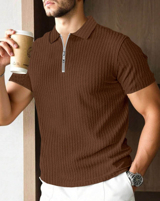 AOOSH Self Design Men Polo Neck Brown T-Shirt