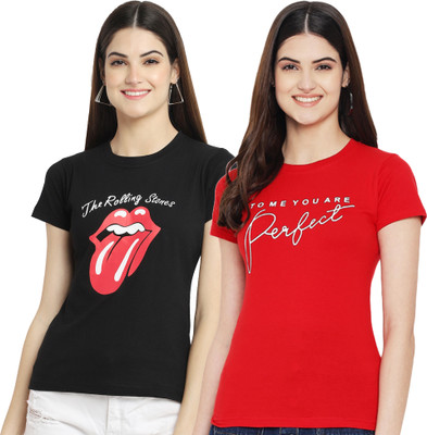 Fabflee Printed Women Round Neck Black, Red T-Shirt