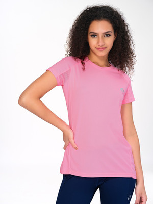 TECHNOSPORT Solid Women Round Neck Pink T-Shirt