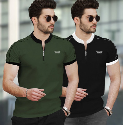 TRIPR Solid Men Mandarin Collar Multicolor T-Shirt