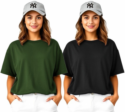 HouseOfCommon Solid Women Round Neck Green, Black T-Shirt