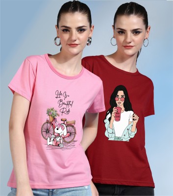 CHOZI Printed Women Round Neck Pink, Red T-Shirt