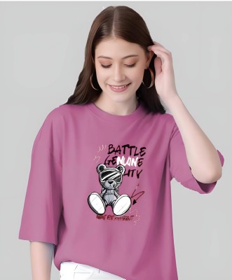 NVYARI Printed, Typography Women Round Neck Pink T-Shirt