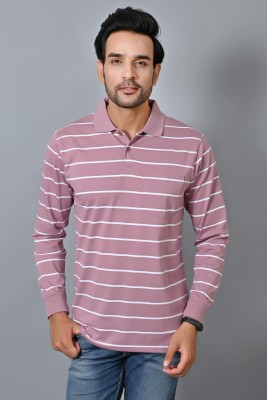 Arbour Striped Men Polo Neck Pink T-Shirt